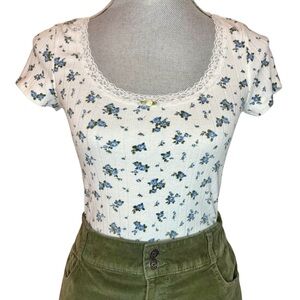Ultra Flirt Blue Floral Lace Trim Ribbed Knit Top-Size Small